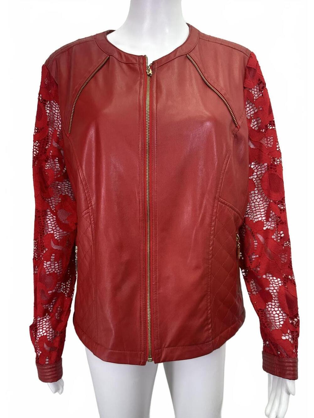 Sz L Peter Nygard Red Faux Leather Jacket Lace Sleeves Zipper Moto Streetwear